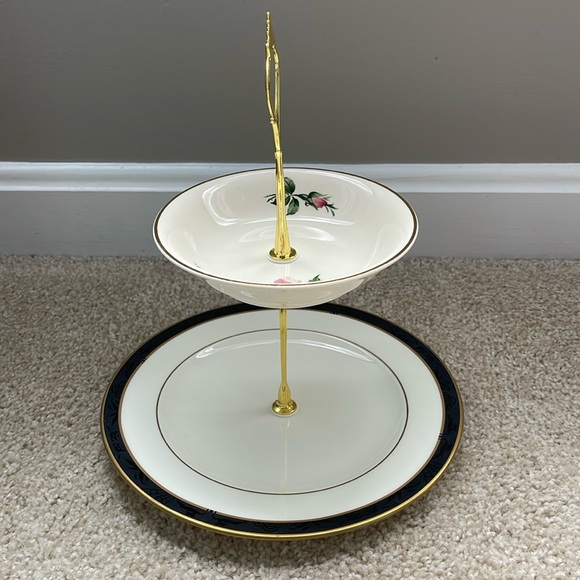 Two Tiered Jewelry Tidbit Cheese Tray Vintage CAMWOOD Ivory 22 Carat Gold Bowl - Picture 4 of 8